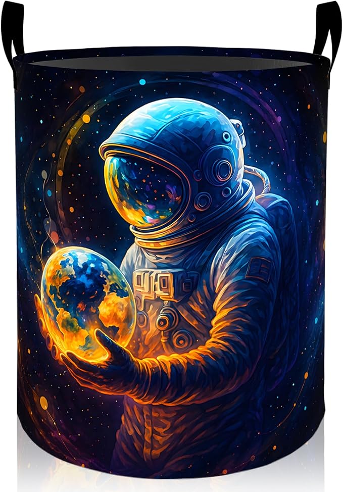 Astronaut Earth Laundry Basket, Galaxy Planet Art Foldable Oxford Cloth, Waterproof Dirty Clothes Hamper with Handles, Clothing Storage Bin Toy Organizer for Bedroom Dorm Bathroom, 19.7"x15.7"