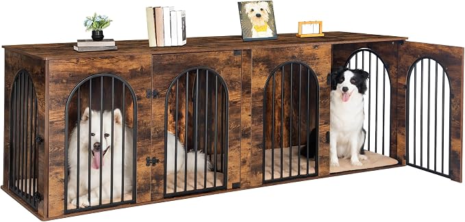 Hzuaneri 86.6" Double Dog Crate Furniture, Dog Kennel Indoor with Cushion | Heavy Duty Dog Crate Furniture for 2 Dogs,Dog Cage End Table TV Stand with Divider for Med-Large Dog,Rustic Brown DFC84001BV1