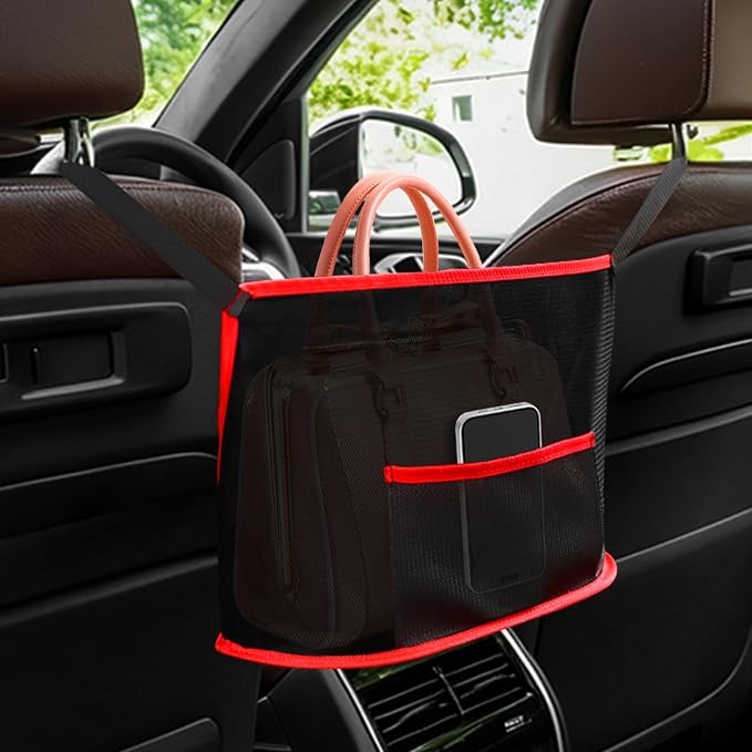 Car Net Pocket Handbag Holder, Organizer Storage Between Front Seats, Large Capacity Auto Seat Back Mesh Pocket Organizer, Car Handbag Holder Between Seats Universal for Most Vehicles (Red)