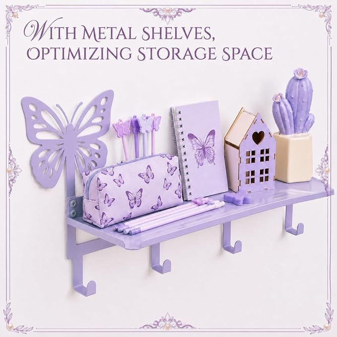 Purple Butterfly Coat Rack Wall Mount with Shelf Metal Entryway Hanging Shelf with 4 Hooks Cute Beach Coastal Bedroom Accessories Decor for Dog Leash Pet Collar Keys Clothes Hats Towel Purse