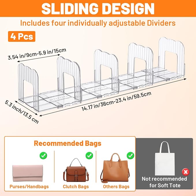 4 Sets Clear Purse Organizer for Closet, 16 Pcs Adjustable PET Handbag Storage Shelf Dividers, Clutch Separator for Shelves, Books, Accessories – No Assembly Needed