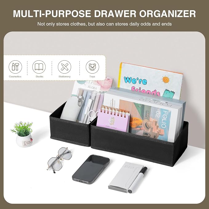 DIMJ Drawer Organizers - Set of 4 Foldable Closet Dividers for Baby Clothes, Socks, Belt, Tie (Black)