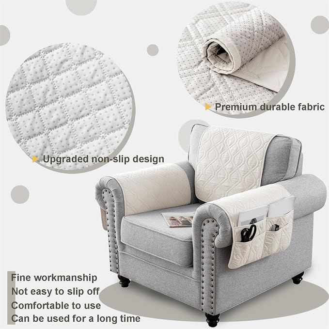Waterproof Armrest Chair Covers with 6 Side Pocket 1 2 3 Seater Anti-Slip Chair Headrest Cover Armchair Slipcover Washable Protector for Pets Leather Sofa Couch (Ivory White,3 Seater 5PCS)