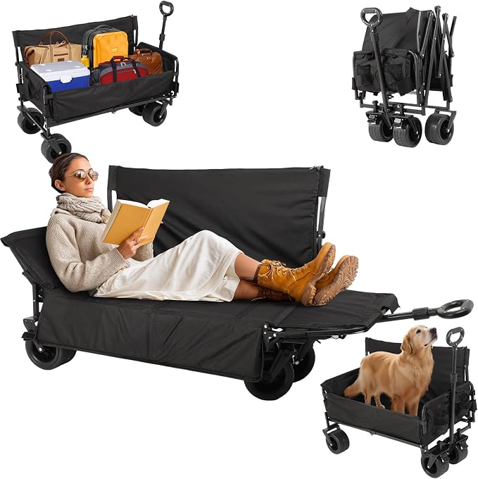 Collapsible Folding Wagon, 440LBS Heavy Duty Utility Carts,Reclining Camper,Expandable Storage，Padded and Wheeled, All Terrain Wheels, Great for Camping, Outdoors, Shopping, Portable,150L Large Wagon