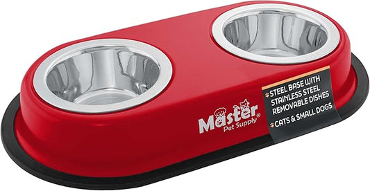 Master Pet Supply Double Dog Bowls Set with Elevated Base and 2 (8 oz) Stainless Steel Removable Dishes (Crimson Flame) – Double Cat Food Water Bowl, Dog Puppy Food Bowl Set, Rust Resistant