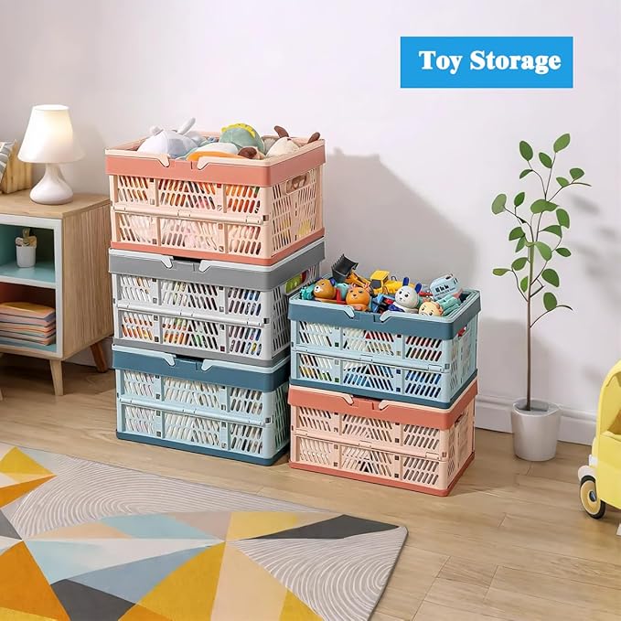 Collapsible Storage Crate with Handles, 20L Foldable Plastic Basket, Organizer Container (Light blue, M)
