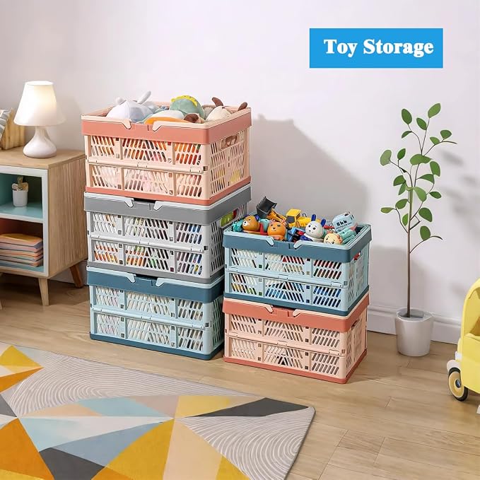 Collapsible Storage Crate with Handles, Milk Crates，33L Foldable Plastic Shopping Basket, Organizer Container for Car Home Pinic (Light gray, Large)