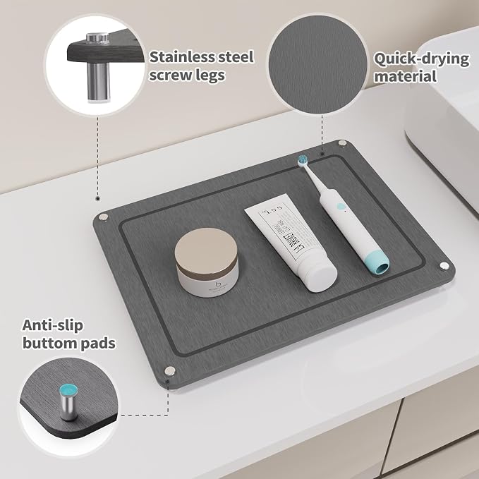 Dish Drying Stone, Water Absorbing Stone Dish Drying Mats for Kitchen Counter, Non-Slip Stone Drying Sink Tray Pad for Dish Bottles Cups, Diatomaceous Earth Sink Caddy Organizer, Grey
