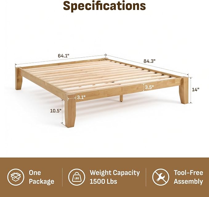 Softa Mikor Queen Japanese Joinery Bed Frame, Solid Rubberwood, 1500 Lbs Heavy Duty Slats Support, SGS Certified, 15-Min No-Tool Assembly, Noise-Free, Under-Bed Storage, No Box Spring Needed