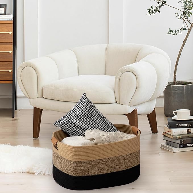 danpinera Large Woven Basket, 108L Large Blanket Basket for Living Room, Nursery, Cotton Woven Hamper for Toy Organizing & Laundry, 25’’*16’’*16’’ Gradient Linen