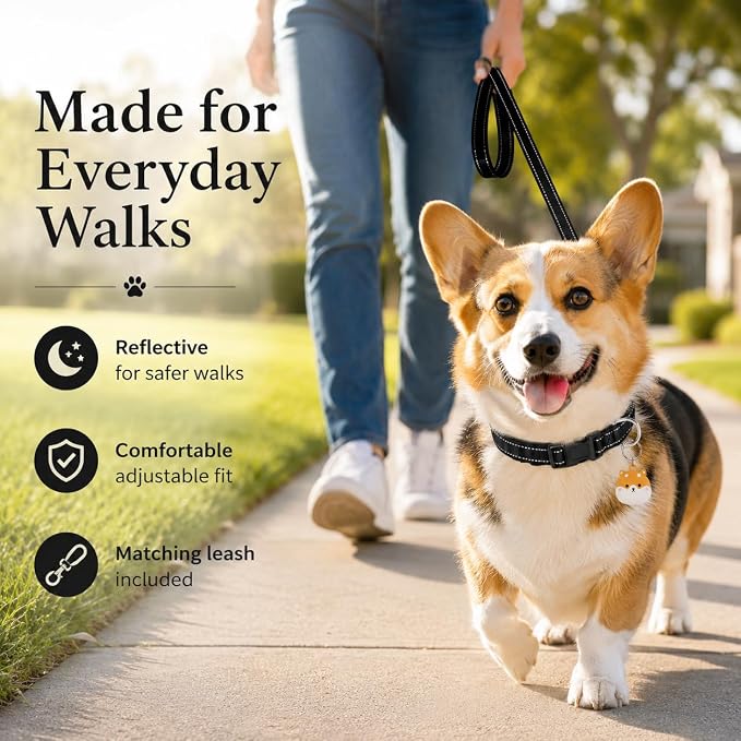 Reflective Soft Neoprene Padded Matching Dog Collar with Leash Airtag Holder Case Set Safety Breathable Adjustable Nylon Dog Collars for X-Small Small Medium Large Dogs-Black-L