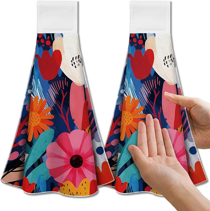 CUTHOLLOW Abstract Flowers Hanging Kitchen Towels with Loop, Set of 2 - Soft & Super Absorbent Microfiber Decorative Hanging Dish & Hand Towel, Tea, Coffee Towel for Kitchen Bathroom Oven Handle