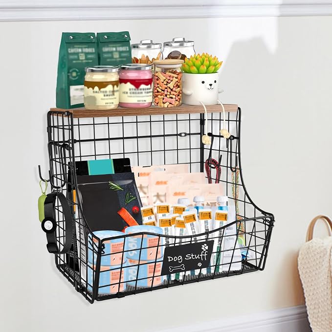 pet supplies wall basket storage storage basket Wall wire basket with Wood Lid Nameplat storage rack multifunctional countertop organizer