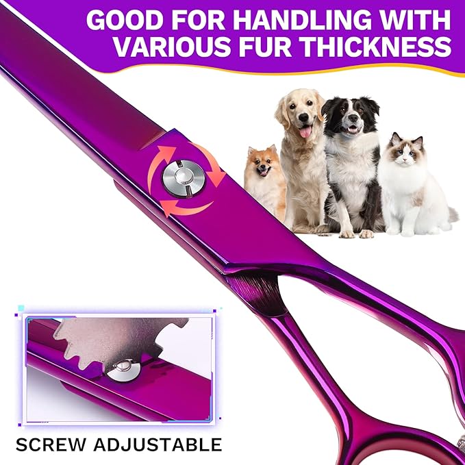 JASON 7" Dog Grooming Scissor - Professional Down-curved Shear with Ergonomic Handle Japanese Stainless Steel Trimming Scissor for Dogs, Cats and Other Pets, Sharp (Curved, Purple) Christmas Gift