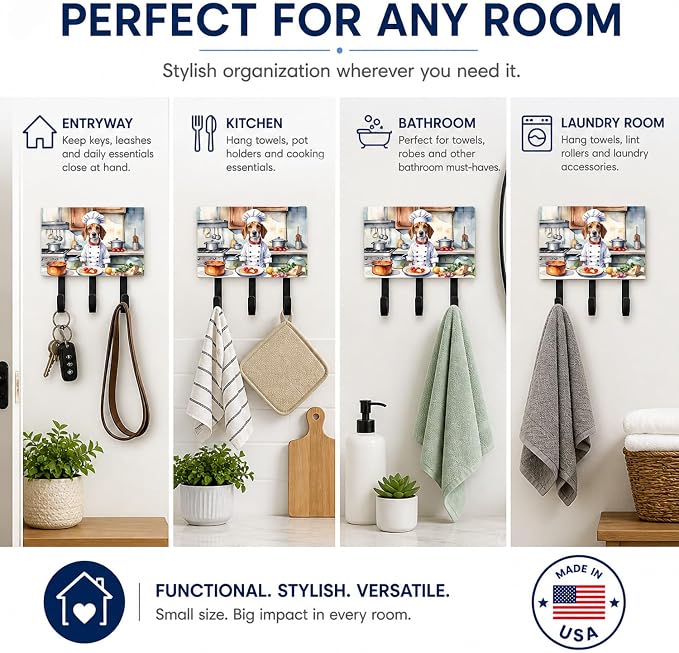 Caroline's Treasures English Foxhound The Chef Leash or Key Holder Wall Hooks, Key Hooks Holder, Coat Rack Wall Mount, Coat Hooks, Hooks for Hanging Keys, Towels, Aprons, Leashes | English Foxhound The Chef artwork on ceramic tile with three steel hook...