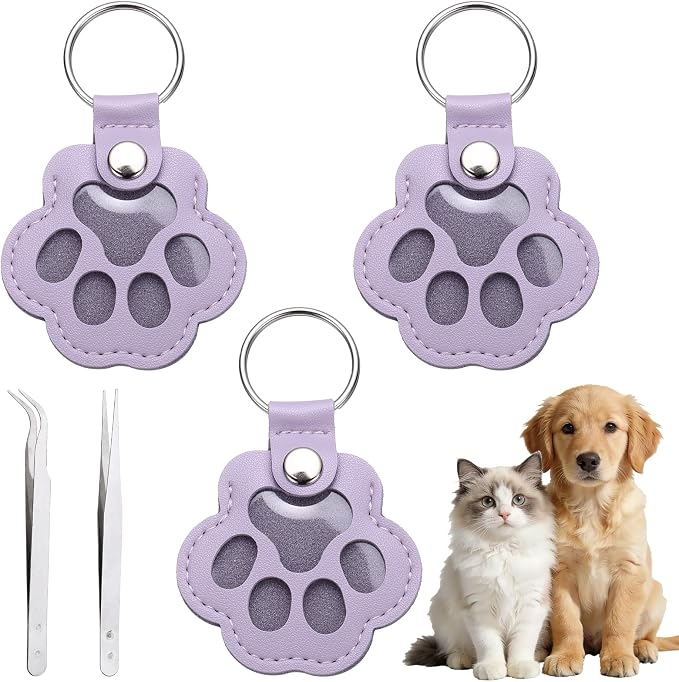 Dog Fur Storage Keychain, Pet Fur Keepsake Keyrings, Paw Shaped, Pet Hair Keepsake Keychains with Tweezers