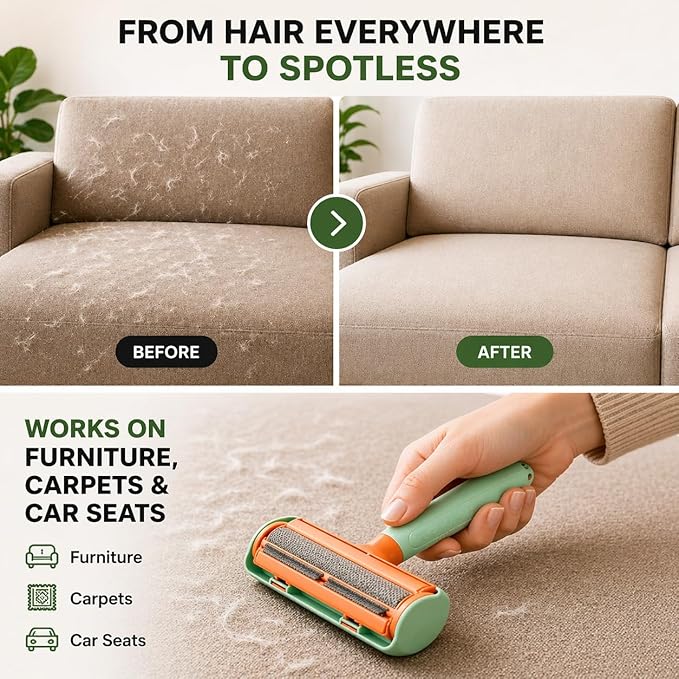 Pet Hair Remover Roller for Furniture, Couch & Car – Reusable Lint Roller for Dog & Cat Hair, No Sticky Tape Needed