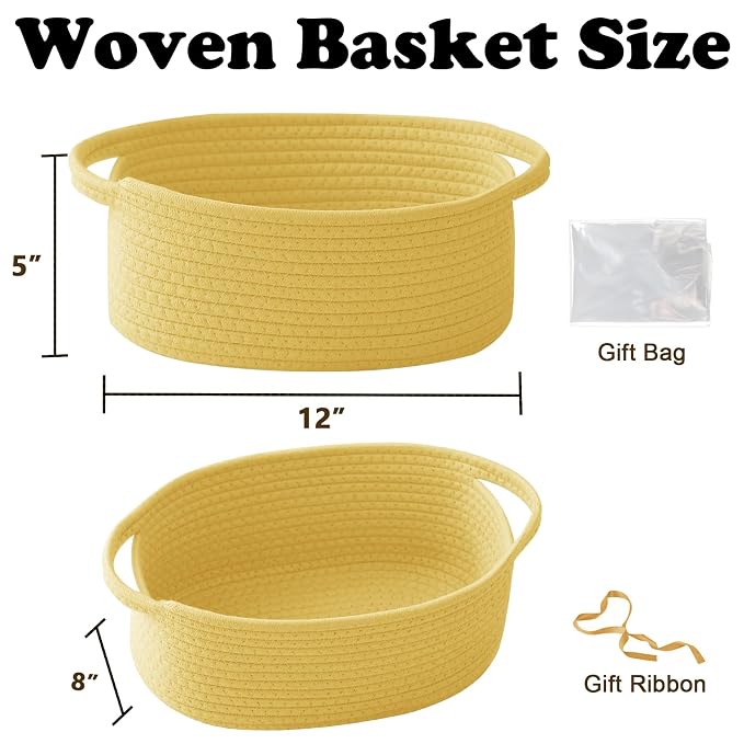 Woven Rope Basket - Baby Gift Basket with Bag & Ribbon, Yellow | Cotton rope with handle, 12 x 8 x 5 in, gift bag and ribbon, for baby shower, birthday, toy storage, nursery, shelf decor