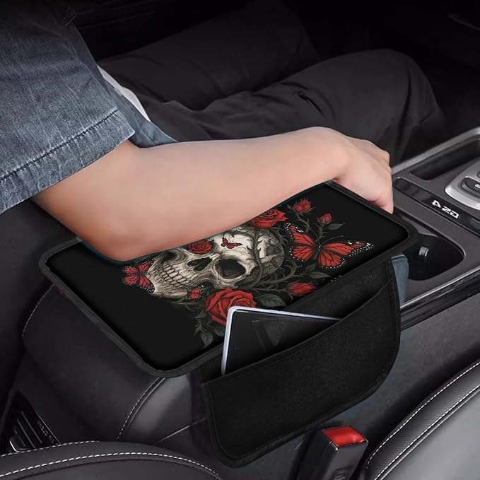 Howilath Butterfly Skull Console Cover for Car Armrest with Storage Pocket | Red Rose Easy Stretch-On, No Tools, Washable, with Side Pockets for Phones and Keys, Fits Most Vehicles