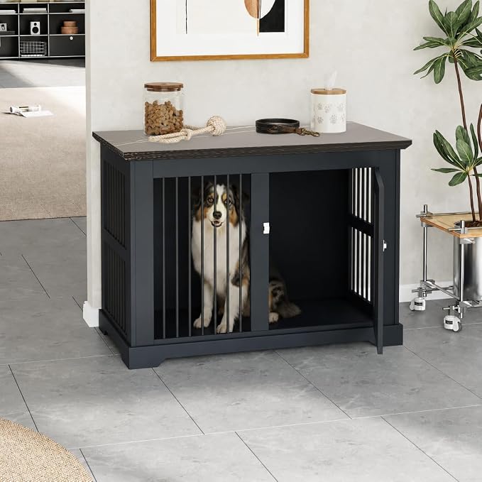 44" Wooden Dog Crate Furniture,Large Kennel Pet Cage End Table for Indoor | for XXL XL Medium Dogs, Grey and Black, Fits Living Room Bedroom, Heavy Duty Steel Frame with Lock 100 lbs Cap, 100 lbs Top.