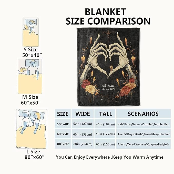 Gothic Skeleton Heart Blanket Goth Hand and Rose Throw Blankets,Birthday Gifts for Kids Adult,Lightweight Soft Fleece,Romance Lovers,Sofa Couch Bed Room Horror Halloween Decor 50x60in