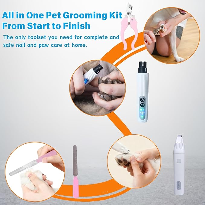 Dog Nail Trimmers and Dog Nail Grinder with 6 Lights, Quiet Dogs Grooming Kit with Cat Paw Clipper & Pet Paw File, Cordless Cat Nail Trimmer & Pet Nail Grinder for Large Medium Small Dog's Paw