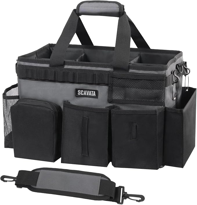 SCAVATA Wearable Cleaning Caddy Bag, Portable Cleaning Supplies Organizer | Cleaning Tool Storage with Handle & Shoulder Straps for Housekeepers, 4 Foldable Dividers, Home & Car Use, GraphiteGrey