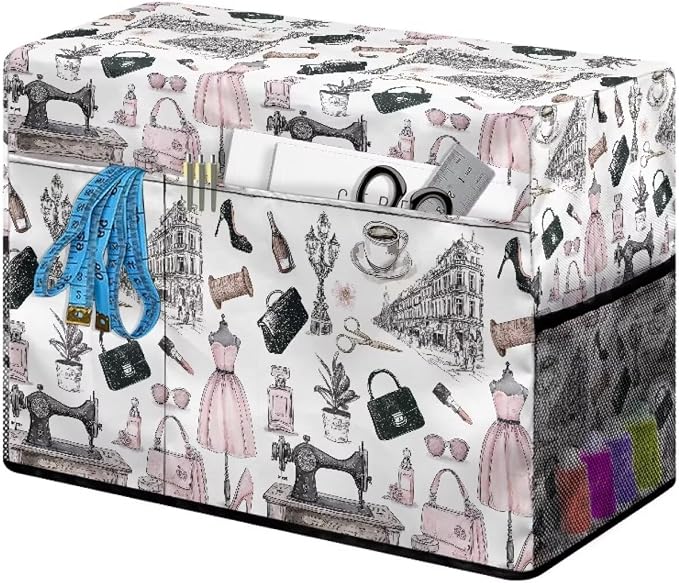 Vintage Sewing Element Sewing Machine Cover with Storage Pockets,Dust & Pet Hair Protection,Fits Standard Singer, Brother and Janome Machines Gifts