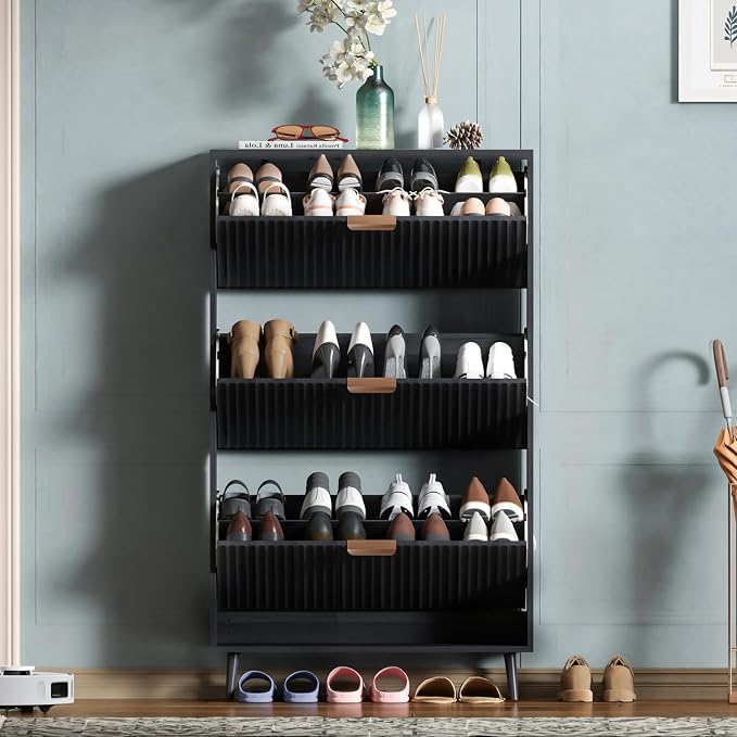 Shoe Cabinet Storage,Modern Freestanding Organizer with 3 Flip Drawers,Narrow Shoe Rack Cabinet for Entryway,Black