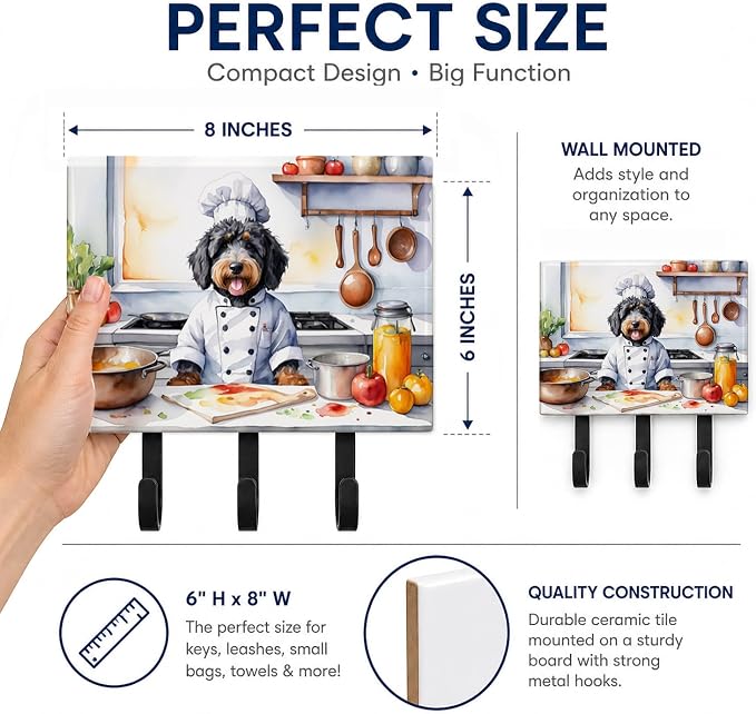 Caroline's Treasures Bernedoodle The Chef Leash or Key Holder Wall Hooks, Key Hooks Holder, Coat Rack Wall Mount, Coat Hooks, Hooks for Hanging Keys, Towels, Aprons, Leashes | Bernedoodle The Chef artwork on ceramic tile with three steel hooks for keys...