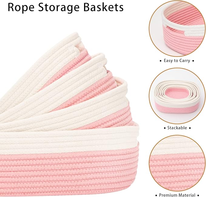 7 Piece Cotton Rope Woven Basket Set - Small Basket for Baby Nursery, Pets, Montessori, Dog & Cat Toy Boxes, Bathroom Organization Bins (White/Pink)