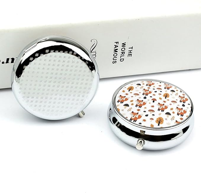 Pocket Pill Case, Cute Fox Fall Mushrooms Compact Round Holder, Travel Organizer for Supplements, Waterproof Pill Box Purse Use for Professionals