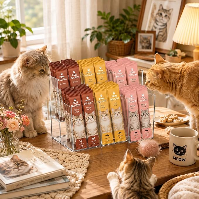 Lickable Cat Treats Organizer, Clear Acrylic Squeeze Up Storage Rack with 6 Compartments, Puree Tube Holder for Kitchen Pantry Cabinet Shelf Countertop
