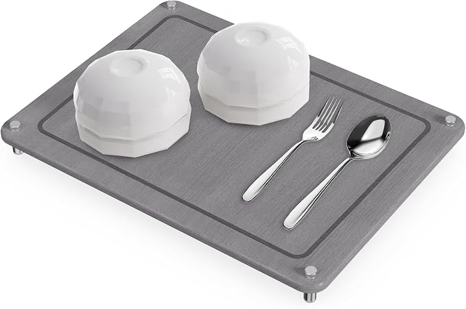 Dish Drying Stone, Water Absorbing Stone Dish Drying Mats for Kitchen Counter, Non-Slip Stone Drying Sink Tray Pad for Dish Bottles Cups, Diatomaceous Earth Sink Caddy Organizer, Grey