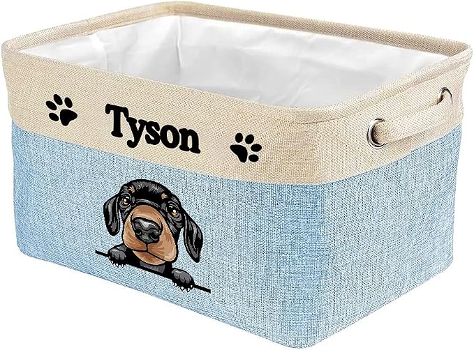 Custom Fabric Dog Toy Storage Basket with Funny Dog Dachshund Collapsible Sturdy Fabric Pet Toys Storage Bin Cube with Handles for Organizing, Blue amd White
