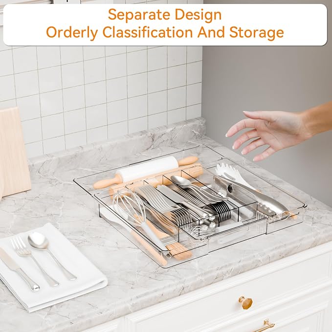 Acrylic Clear Expandable Kitchen Utensil Drawer Organizer and Silverware Organizer,BPA FREE Adjustable Silverware Tray for Drawer Cutlery,Spatula,Tools,Flatware Organizers,Fork and Spoon Holder