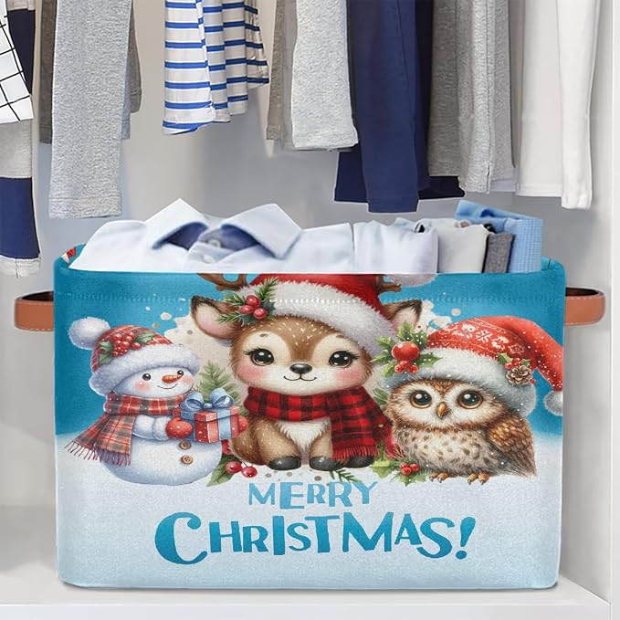 Pardick Christmas Reindeer Snowman Basket Storage Bins Large Fabric Toys Storage Cube Box with Handles Collapsible Closet Shelf Cloth Organizer Basket for Nursery Bedroom Bathroom Holiday Gift