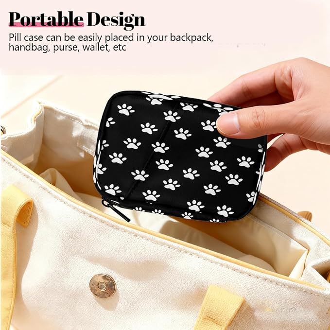 Weekly Pill Organizer Travel Size Bag with Removable 7 Day Pill Box Portable Vitamin Case Purse with Zipper,White Pet Paws Black