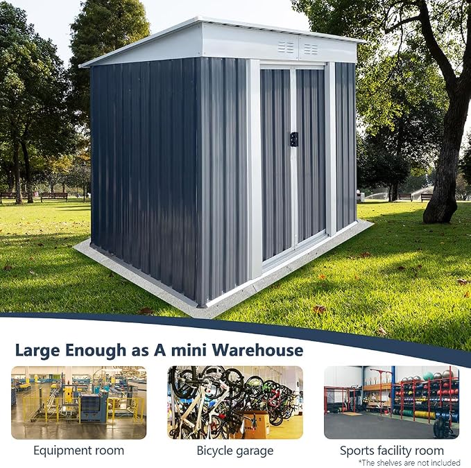 6' x 4' Outdoor Metal Storage Shed Outdoor Shed Galvanized Steel Garden Shed with Sliding Door and Window for Ventilation Storage Sheds House for Backyard Garden（Grey）