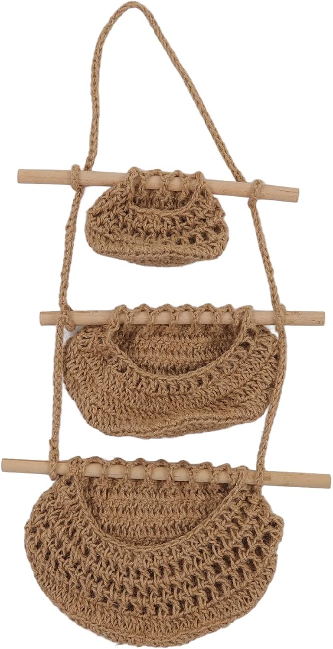 3 Tier Hanging Fruit Basket, Wall Mounted Hemp Rope and Wood Organizer, Handcrafted Over The Door Storage for Toys Pet Plush Dolls Kitchen Bathroom Living Room