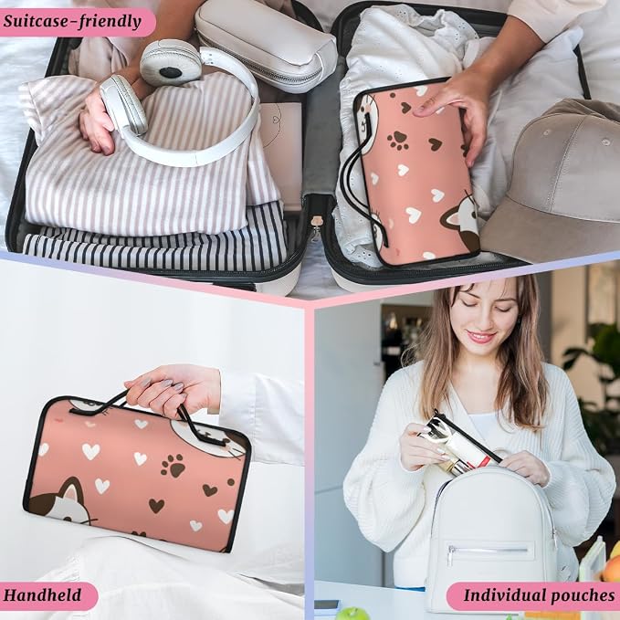 Cat Makeup Bag for Women Hanging Roll-Up Travel Organizer Toiletry Kit with 4 Removable Compartments, Cat Paws Print