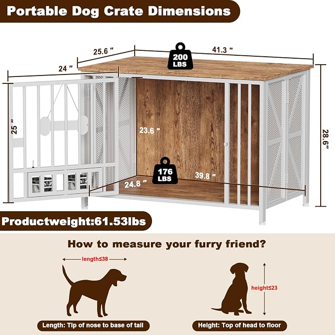 Easycom Foldable Large Dog Crate Furniture, 41.3" Assembly-Free Dog Crates for Large Dogs, Decorative Wooden Dog Kennel Indoor with Tag & Dog Bowls, Dog Cage Use as TV Stand, White & Beech | Foldable Large Dog Crate Furniture for Large Dogs, Wooden Dog...