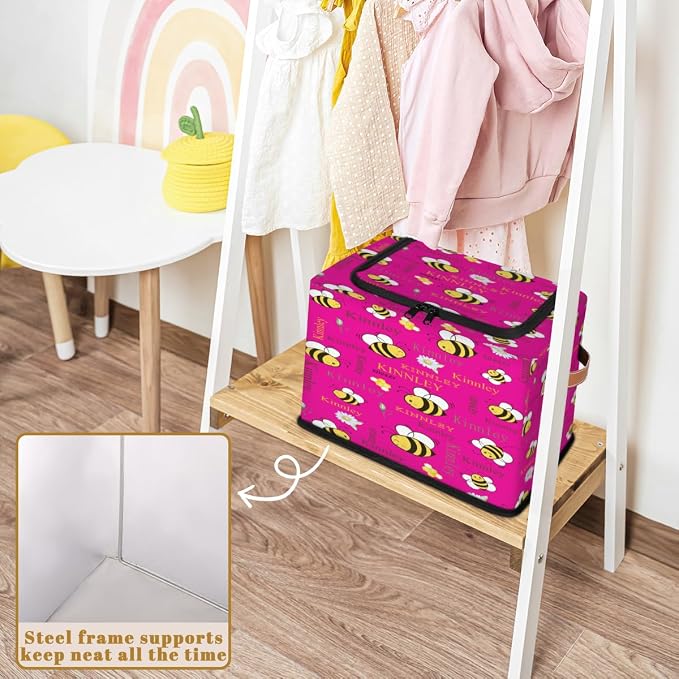 Custom Black Storage Baskets Named with Zipper Lid, Personalized Deep Pink Storage Bins Basket Boxes for Clothes Bedroom Closet Organizing Toys Books Shelves, Bee with Daisy Floral