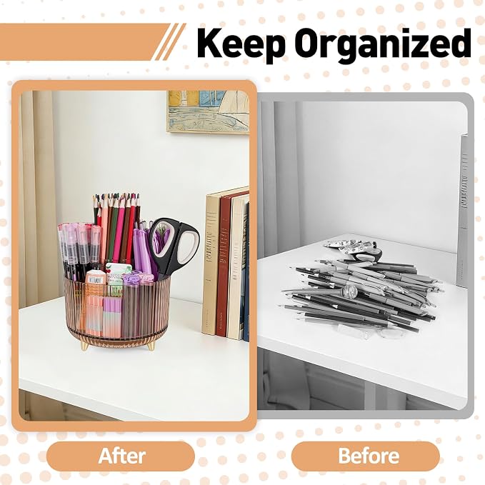 360 Rotating Pen Pencil Holder for Desk, Pen Organizer with 5 Slots | Makeup Brush Holder, Desk Organizer and Accessories, Cute Pencil Cup Caddy for Office School Home Decor Art Supply (Amber)