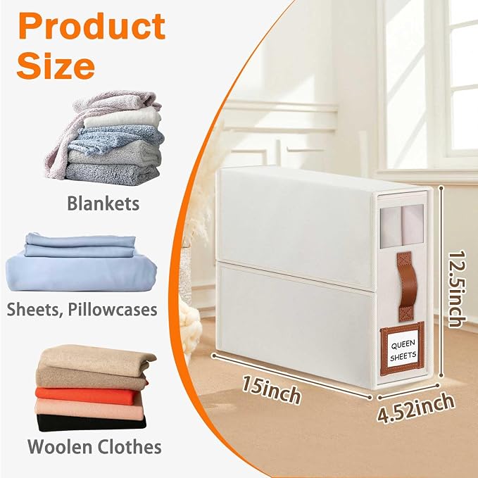 GhvyenntteS 12 Pack Bed Sheet Organizers and Storage, Sturdy Bed Sheet Organizer with Zipper and Handle, Foldable Linen Closet Organizers and Storage with Window and Label, Beige