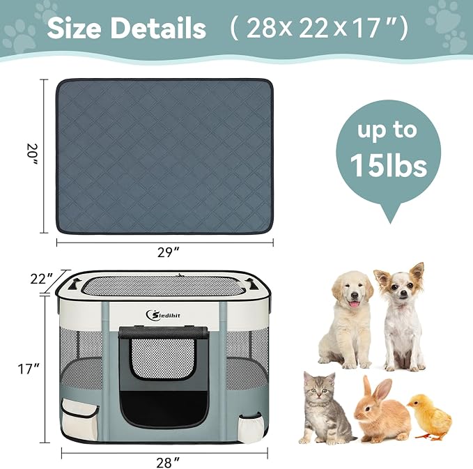 Siedihit 28" Dog Playpen,Cat Puppy Pen, Pet Portable Crate Indoor Outdoor | Durable Travel Camping Use,Foldable Dog Kennel Tent Cage for Rabbit Small Animals with Carrying Case(Grey with Pad, Small)