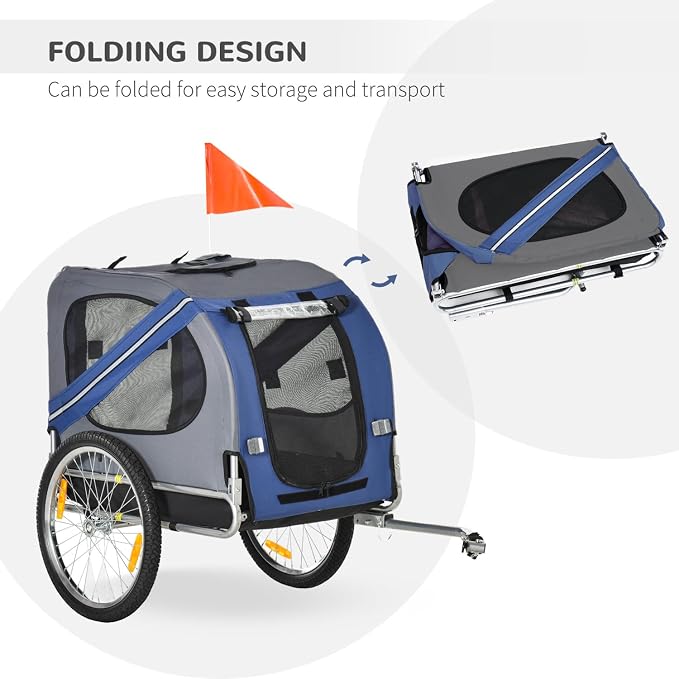 Dog Bike Trailer Pet Cart Wagon Cargo Carrier Attachment for Travel with 3 Entrances Large Wheels for Off-Road & Mesh Screen - Blue / Grey - Steel - Weather Protect - Camping Hiking Walking Cycling