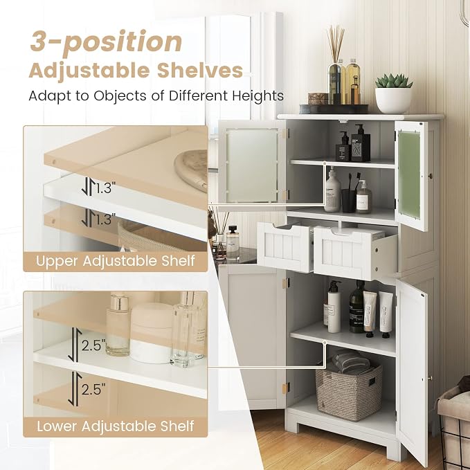 LOKO Bathroom Cabinet, Linen Storage Organizer with Doors & Drawers, Wooden Floor Cabinet with Adjustable Shelves for Bathroom, Living Room or Kitchen (White)