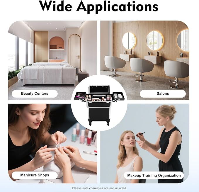 Rolling Makeup Train Case, Aluminum Cosmetic Case Rolling Makeup Trolley Case with Key, Large Storage Cosmetic Trolley 4 Tray with Sliding Rail, Salon Barber Case Traveling Cart Trunk