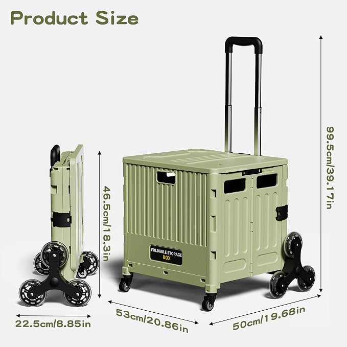 Folding Utility Cart Portable Rolling Crate Handcart Shopping Trolley Collapsible Tool Box, with Lid, Basket on 4 Rotate Wheels, for Grocery, Office, Luggage, Teacher-Green